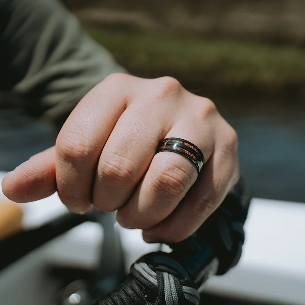 Barrel Ceramic Koa Wood Ring Natural Wood. Ceramic Strength. Premium Craft.