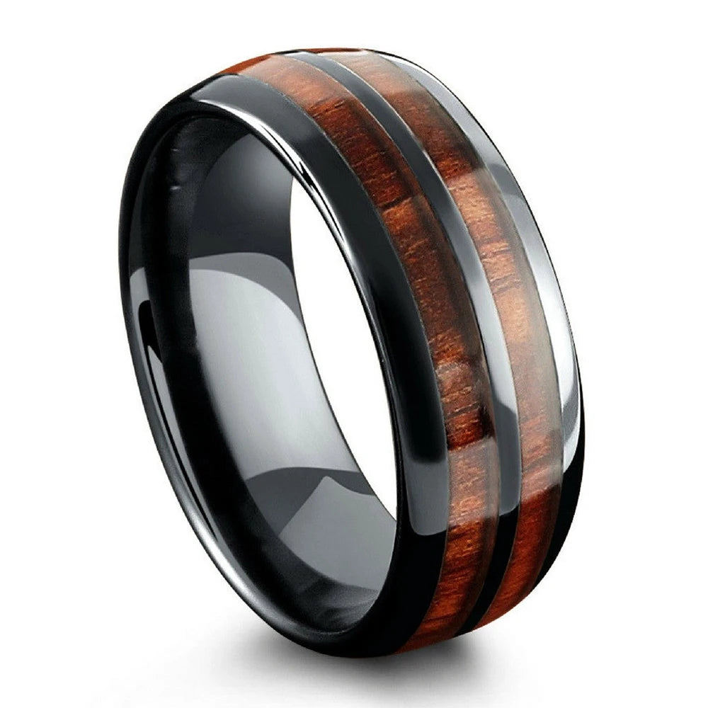 Barrel Ceramic Koa Wood Ring Natural Wood. Ceramic Strength. Premium Craft.