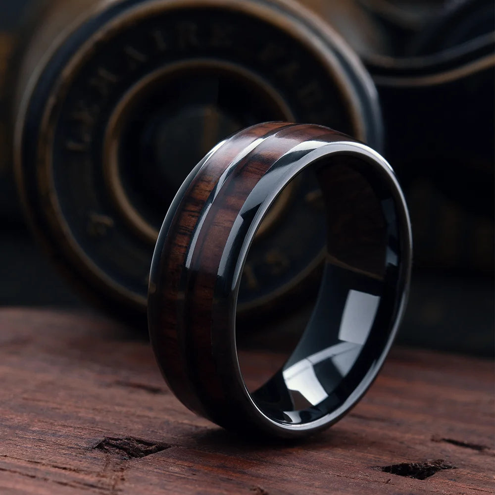 Barrel Ceramic Koa Wood Ring Natural Wood. Ceramic Strength. Premium Craft.