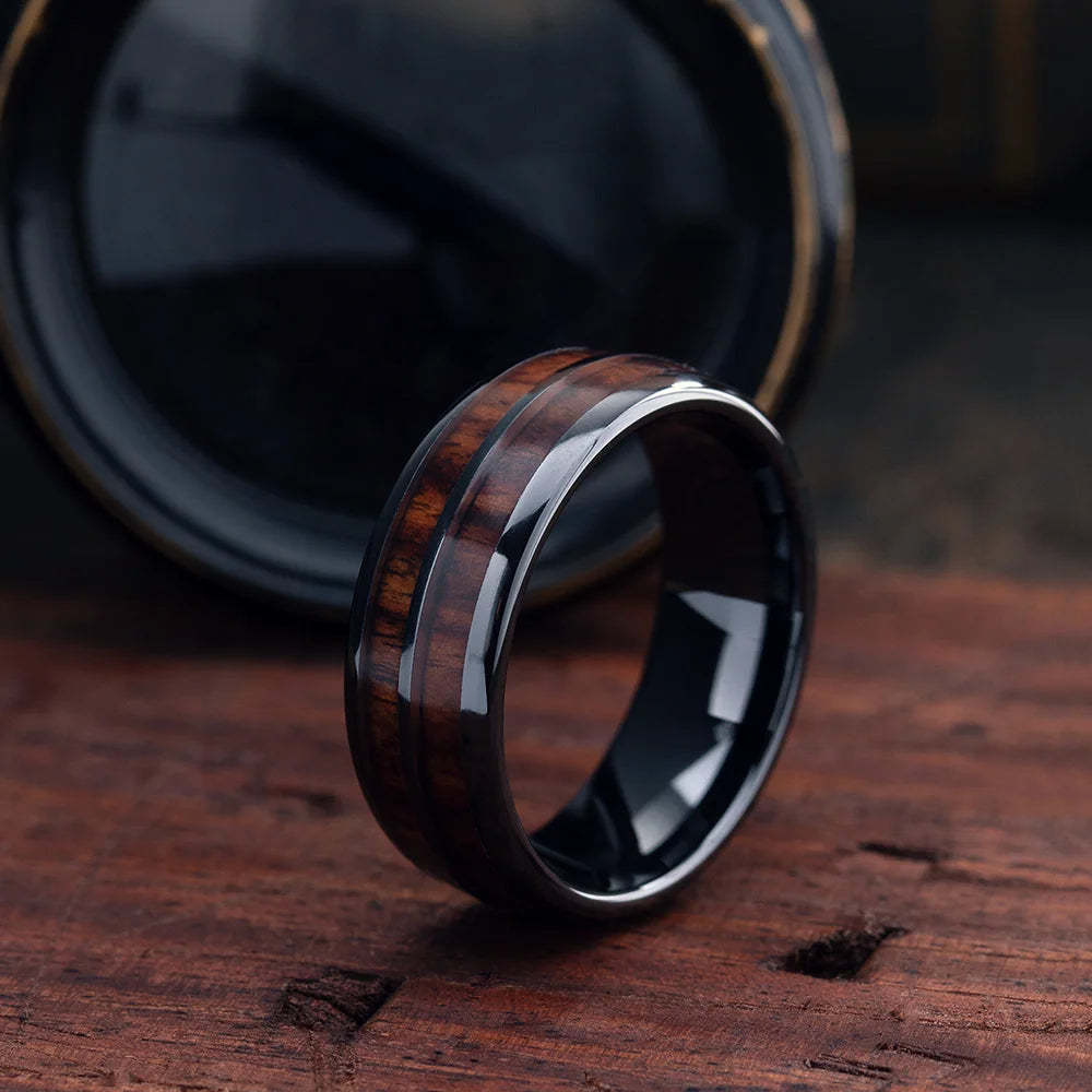 Barrel Ceramic Koa Wood Ring Natural Wood. Ceramic Strength. Premium Craft.