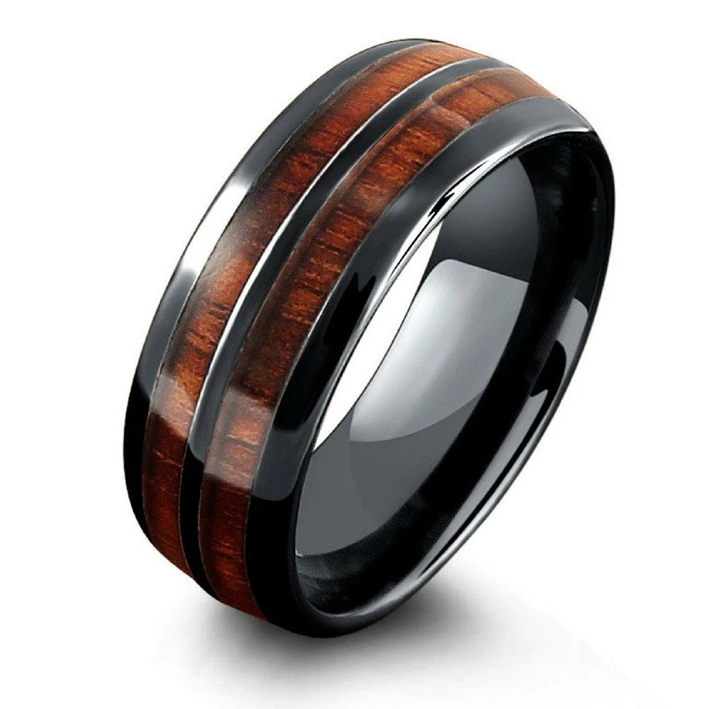 Barrel Ceramic Koa Wood Ring Natural Wood. Ceramic Strength. Premium Craft.