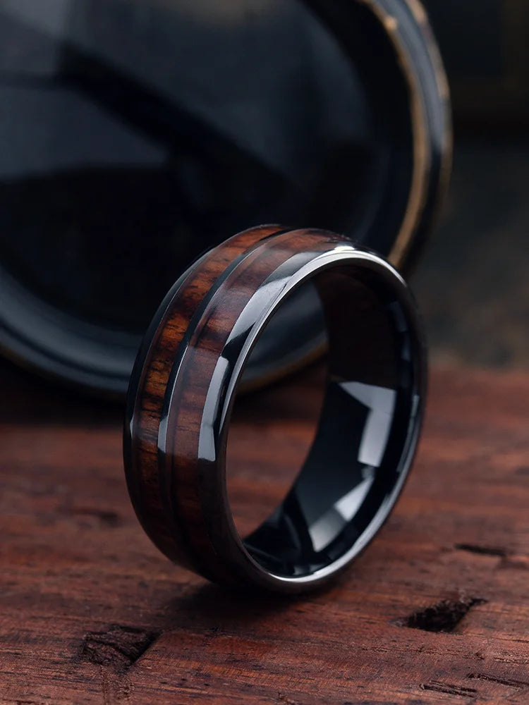 Barrel Ceramic Koa Wood Ring Natural Wood. Ceramic Strength. Premium Craft.