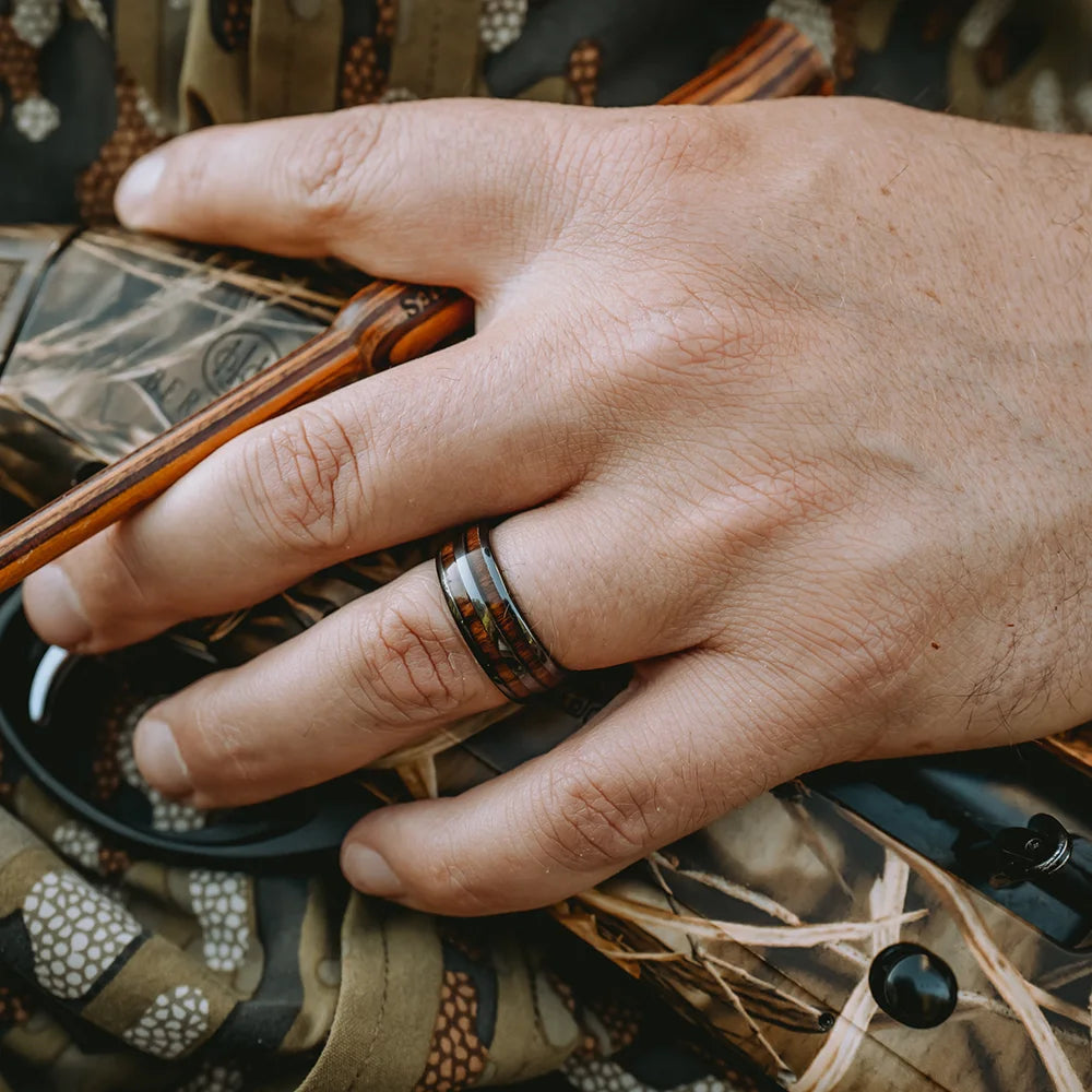 Barrel Ceramic Koa Wood Ring Natural Wood. Ceramic Strength. Premium Craft.